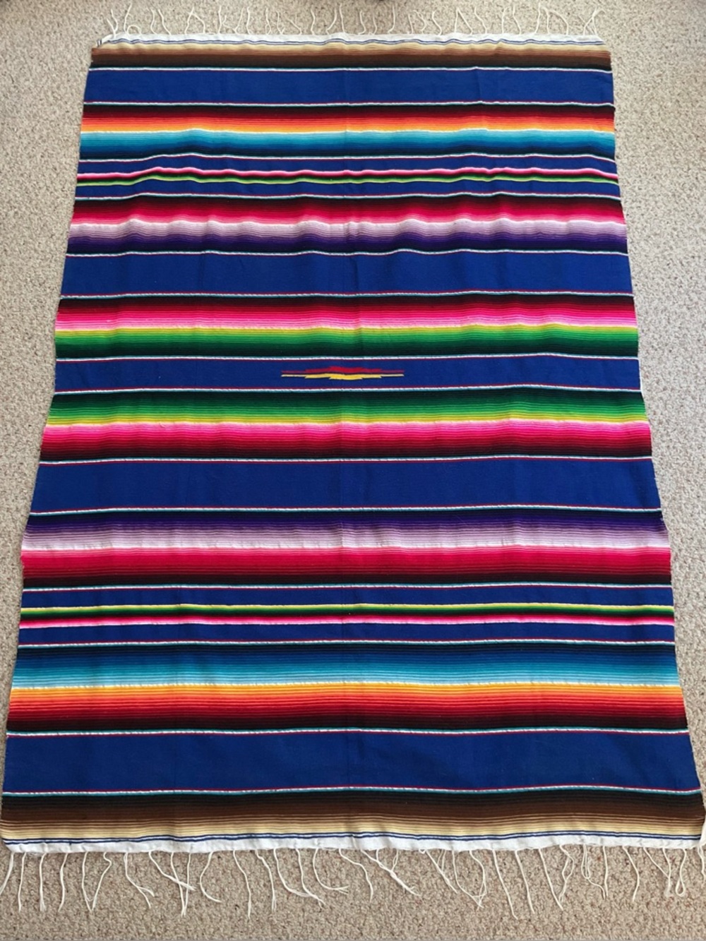 Vintage Serape Stripe Throw Blanket Blue Southwestern Boho Fringe 55x82